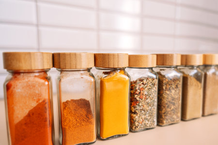Set of glass jars for spicesの写真素材