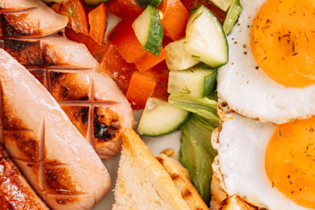 A hearty breakfast of fried eggs, sausages and toast.の写真素材