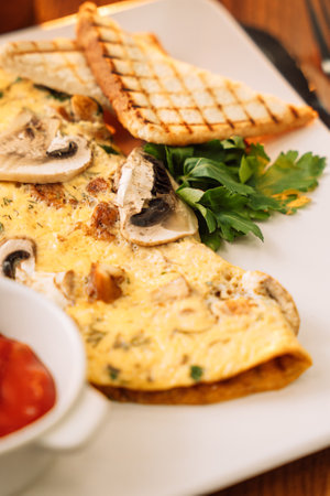 Omelette for breakfast with champignons and sauce.の写真素材