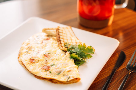Omelette for breakfast with champignons and sauceの写真素材