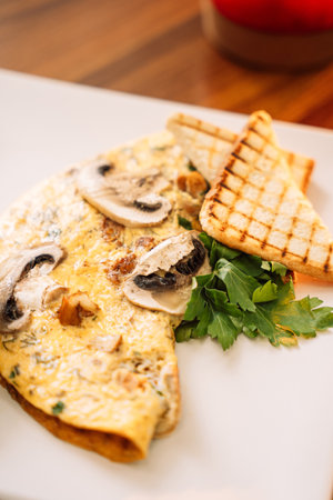Omelette for breakfast with champignons and sauceの写真素材