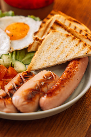 A hearty breakfast of fried eggs, sausages and toastの写真素材
