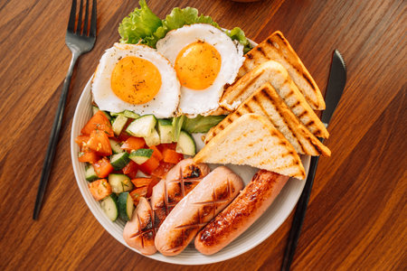 A hearty breakfast of fried eggs, sausages and toastの写真素材