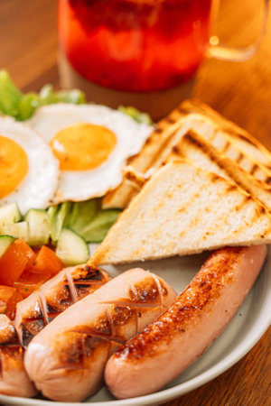 A hearty breakfast of fried eggs, sausages and toast.の写真素材