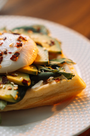waffles with poached egg avocado on plate on wooden background.の写真素材