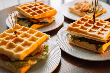 Different types of salty waffles with egg, mushrooms, salmon, mushrooms for breakfast.