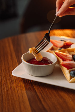Sweet waffles with bananas, strawberries and blueberry jam for breakfast, A piece of waffle dipping...