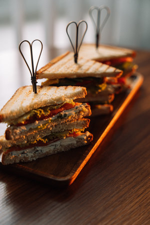 Different types of triangle sandwiches with skewers on the table