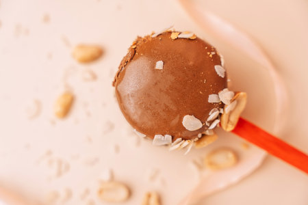 Chocolate French desserts. Cake macaroon on background, pastel colors, macaroon decorated with...