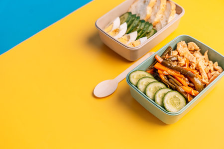 Two plastic lunchboxes with homemade healthy food on a bright yellow and blue backgroundの写真素材