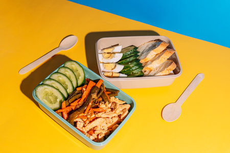 Two plastic lunchboxes with homemade healthy food on a bright yellow and blue backgroundの写真素材