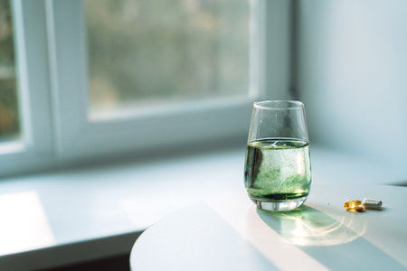 Glass of water with chlorophyll partially dissolved, soft green plumes. Capsules and softgels...