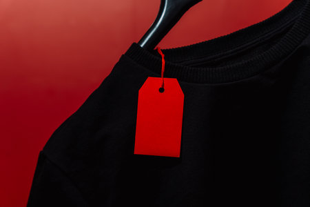 Blank red clothing tag on black sweatshirt retail conceptの写真素材