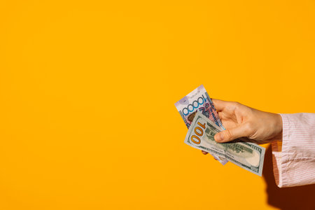 Female hand holding US dollars and Kazakh tenge on yellowの写真素材