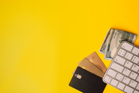 Credit cards and cash with computer keyboard on bright yellow background for online paymentsの写真素材