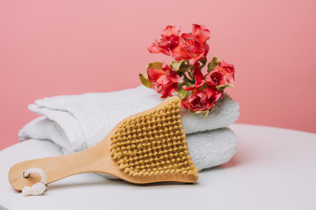 Spa body dry brush with towels and flowersの写真素材