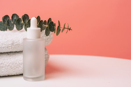 Serum bottle on soft towels with eucalyptus branch, pastel backgroundの写真素材
