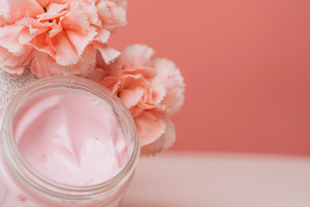 Open pink cream jar with soft carnationsの写真素材