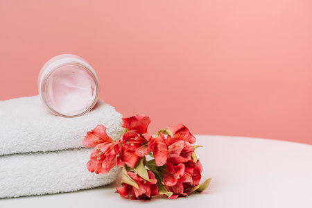Open cosmetic cream jar on towels with coral flowers backgroundの写真素材