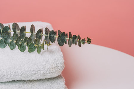 Green eucalyptus branch resting on soft white towelsの写真素材