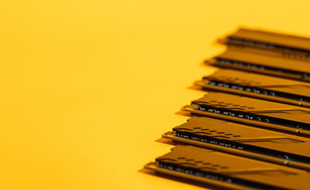 Diagonal row of black RAM modules on yellow background with copy spaceの写真素材