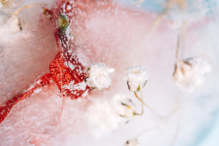 Macro of frozen flowers and red petals inside transparent ice egg