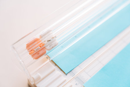 Close up of paper cutter with blue cardstock and measurement grid, scrapbooking and paper craft...