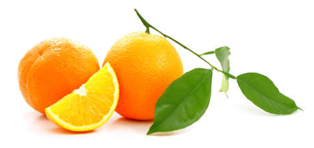 Ripe oranges with green leaves の写真素材