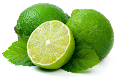 Juicy green lime isolated on white background の写真素材