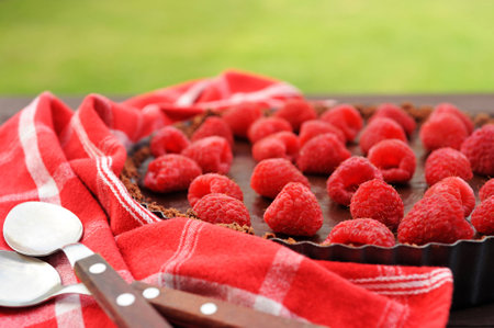 Chocolate tart with raspberry on wooden tableの写真素材