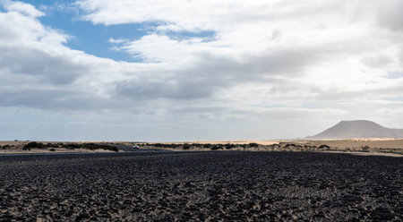 Closeup asphalt road through dunes near Corralejo, Fuerteventura, canary islandsの写真素材