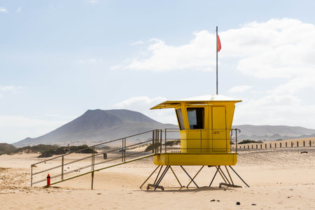 Yellow beach safety flag warning. Lifeguard tower.の写真素材