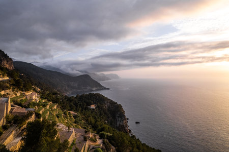 Sunset view of sea landscape with mountains in Mallorca, Spain