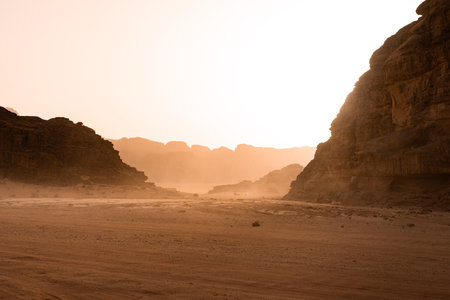 Sunset of Sand Dune and Amazing Rock in Wadi Rum desert, Jordanの写真素材