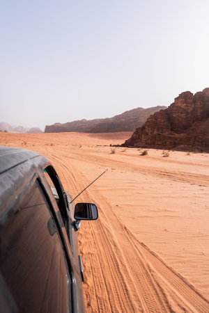 Pov car 4x4 driving in Dune and Rock in Wadi Rum desert, Jordanの写真素材