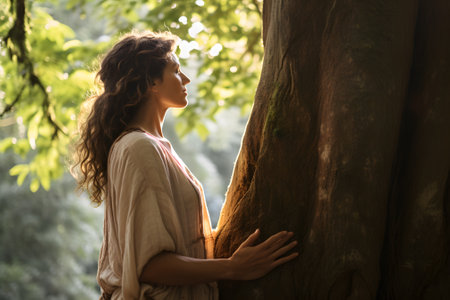 Woman connecting with the nature embracing a treeの素材
