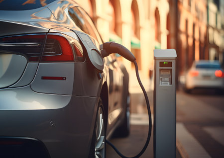 Electric car charging the battery in an urban stationの素材
