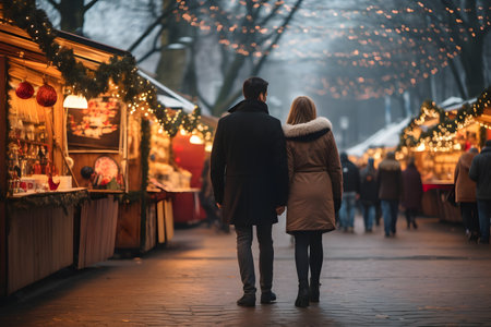 Couple strolling in a Christmas night marketの素材