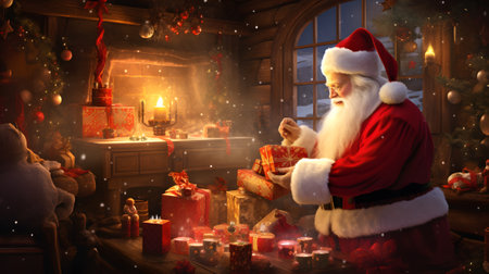 Santa Claus preparing Christmas gifts at nightの素材