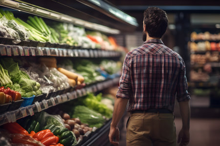 Man shopping for groceries, fruits and vegetables in a grocery supermarket storeの素材