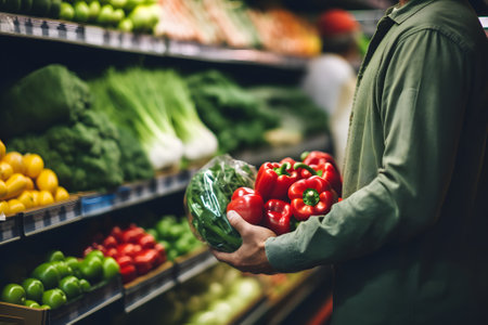 Unrecognizable man shopping for groceries, fruits and vegetables in a grocery supermarket storeの素材