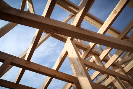 Wooden roof structure for a building outdoorsの素材
