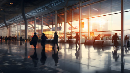 Hall of an airport with people around during sunsetの素材