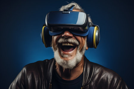 Old man using virtual reality goggles in studioの素材