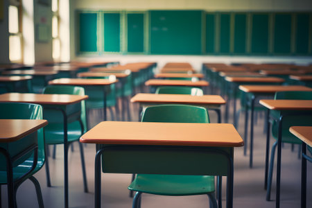 Empty classroom with tables and chairs with big windowの素材