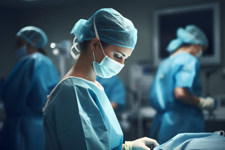 Doctor with uniform and protective clothes in a surgery roomの素材