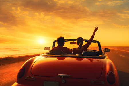 Free couple raising hands driving in a road tripの素材