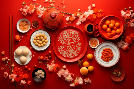 Red table with chinese traditional foodの素材