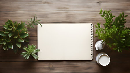 Notebook next to a coffee cup and plantsの素材