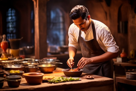 Indian young cook preparing food in a restaurant kitchenの素材